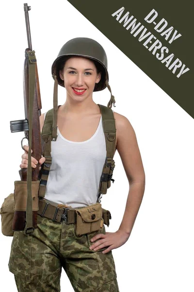 Pretty Young Woman Dressed Wwii Military Uniform Helmet Rifle — Stock Photo, Image