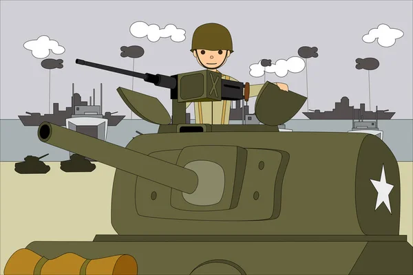 美国谢尔曼坦克在法国诺曼底登陆海滩 — 图库矢量图片