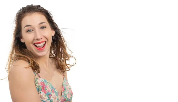 Mujer Joven Bastante Feliz Con Pelo Largo Fondo Blanco —  Fotos de Stock