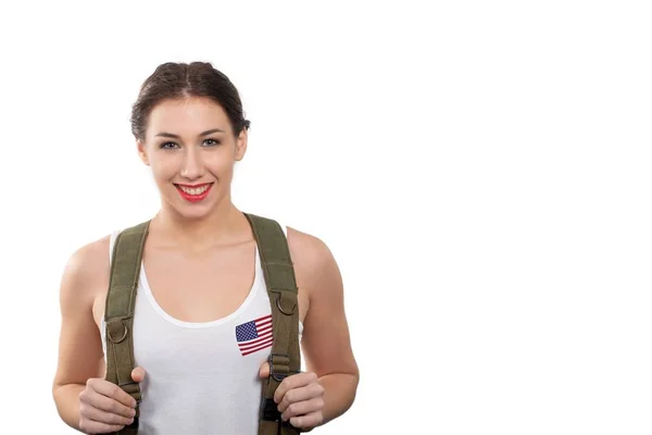 Pretty young woman dressed in american military uniform — Stock Photo, Image