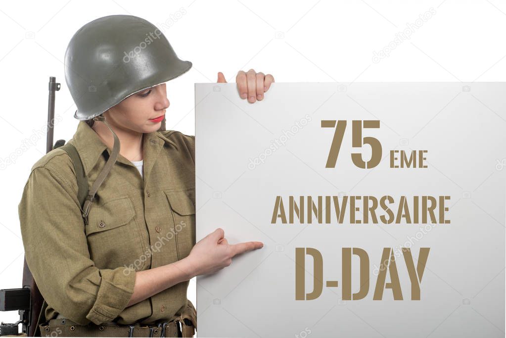 young woman dressed in us  wwii military uniform with helmet sho