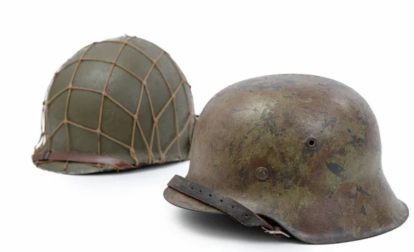 German and U.S  World War Two military helmets, battle of Norman — Stock Photo, Image