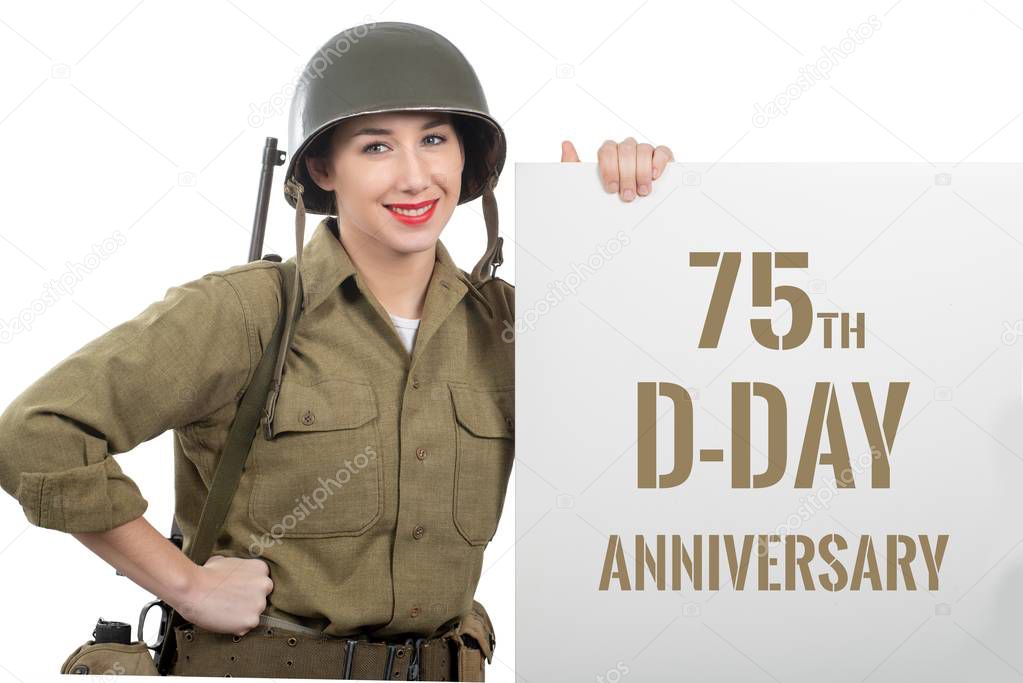 young woman dressed in us  wwii military uniform with helmet sho