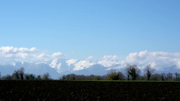 Campo Arado Campo Pirineos Montañas Fondo — Vídeos de Stock