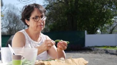 Bir kadın eller fasulye kesmek Fransız yeşil fasulye 