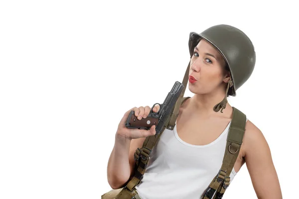 Pretty young woman dressed in ww2 american military uniform with — Stock Photo, Image