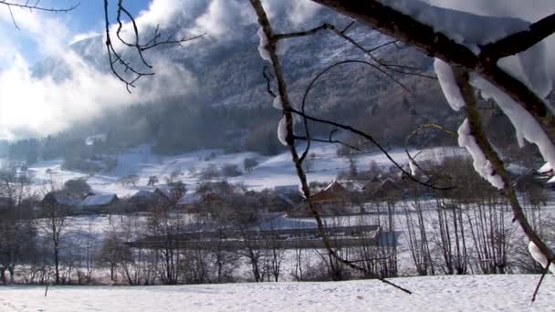 Inverno Montanha Aldeia Paisagem Inverno Neve Aldeia — Vídeo de Stock