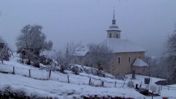 French Small Church Snowy Landscape — Stock Video
