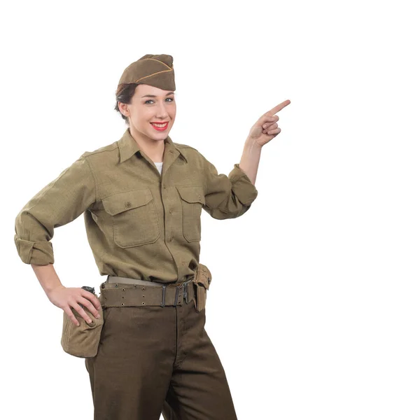 Young woman dressed in American ww2 military uniform showing emp — Stock Photo, Image