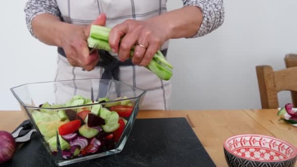 Kvinnliga Händer Skära Grönsaker För Vegansk Sallad — Stockvideo