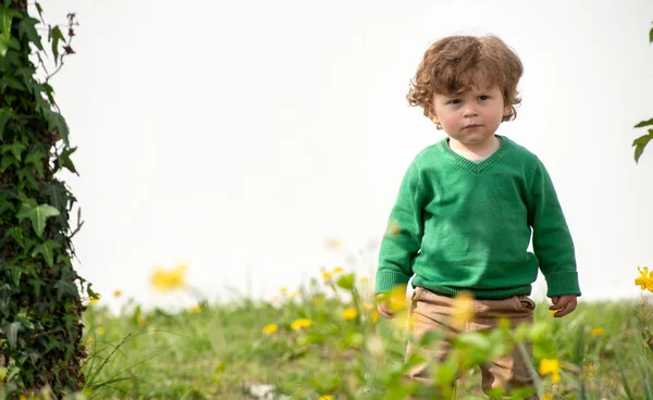 Açık havada oynarken yeşil kazak ile genç çocuk portre — Stok fotoğraf