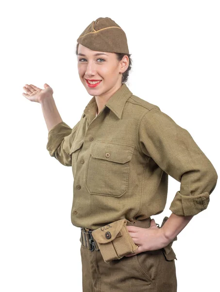 年轻女子穿着美国 ww2 军装显示 emp — 图库照片
