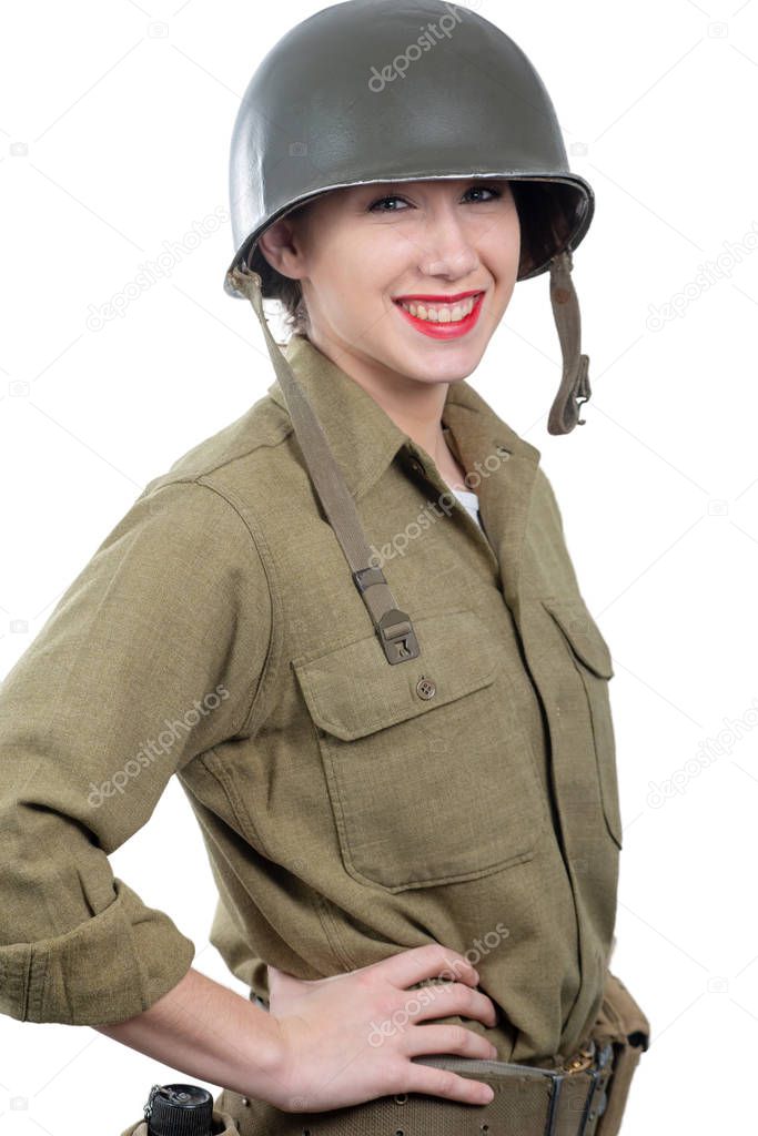 pretty young woman dressed in american ww2 military uniform with