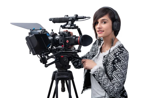 Young woman with professional video camera, dslr, on white — Stock Photo, Image