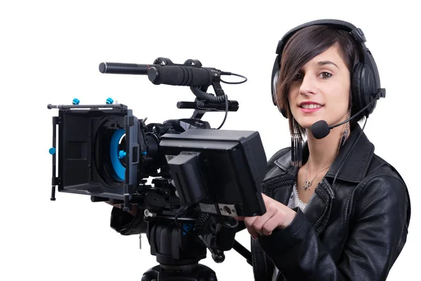 Young woman with professional video camera, dslr, on white — Stock Photo, Image