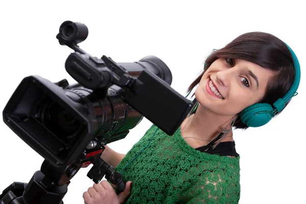 Young woman with professional video camera, on white — Stock Photo, Image