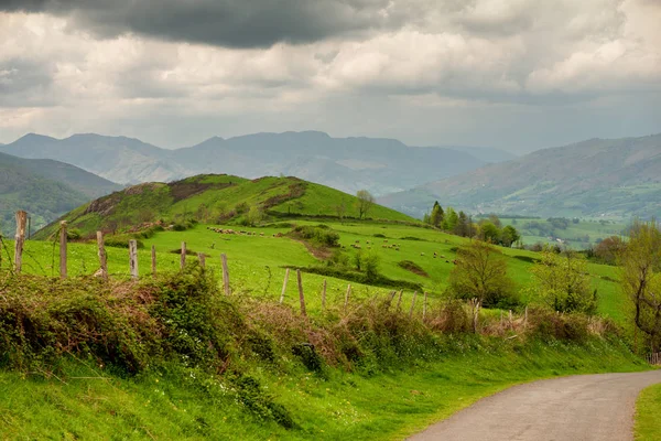 Paisagem de Pays Basco, Colinas verdes. Campos rurais franceses no — Fotografia de Stock