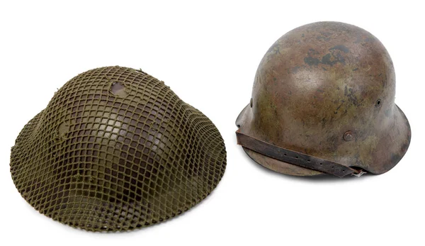 German and British World War Two military helmets, battle of Nor — Stock Photo, Image