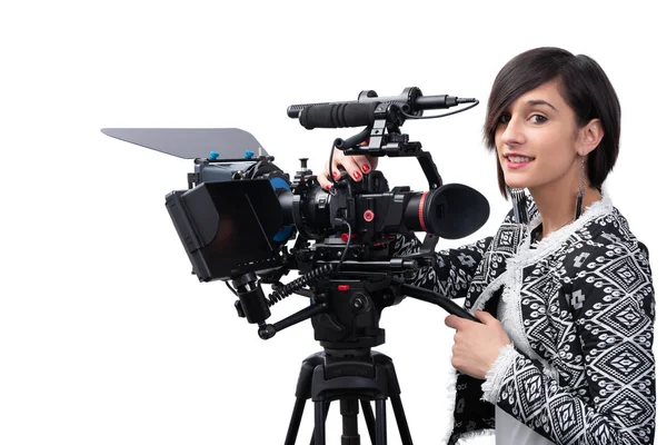 Young woman with professional video camera, DSLR, on white — Stock Photo, Image