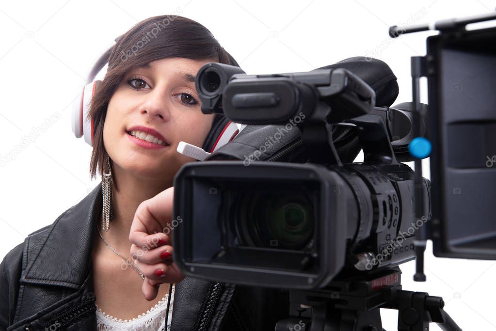 young woman with professional video camera, on white