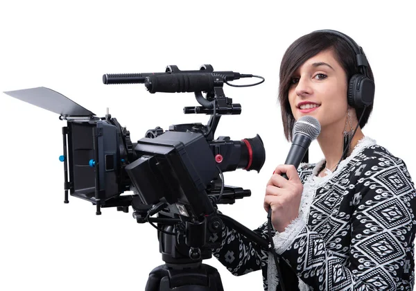 Pretty young woman  journalist with microphone in television stu — Stock Photo, Image