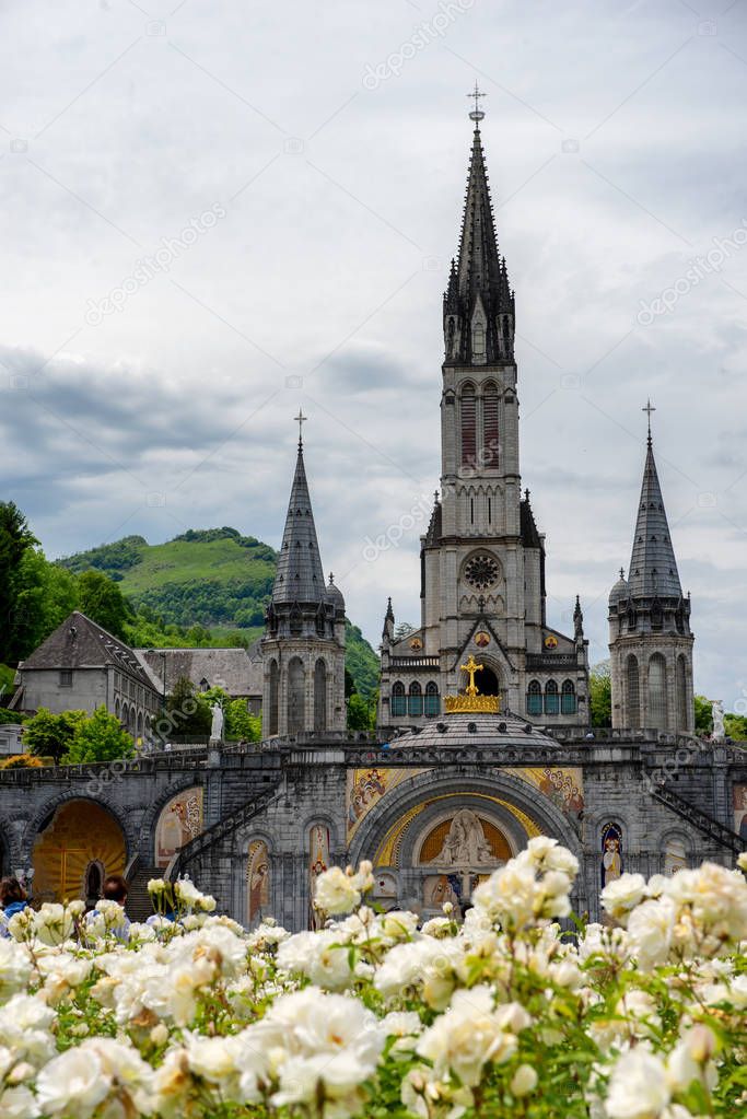 View of the basilica of Lourdes in France