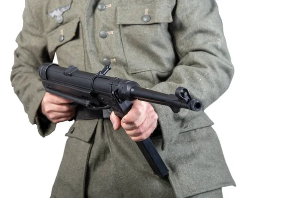 Guerra mundial dos soldado alemán con ametralladora MP 40, primer plano —  Fotos de Stock