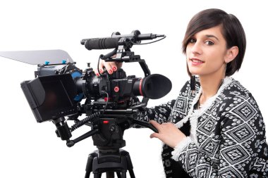 profesyonel video kamera ile genç kadın, Slr, beyaz