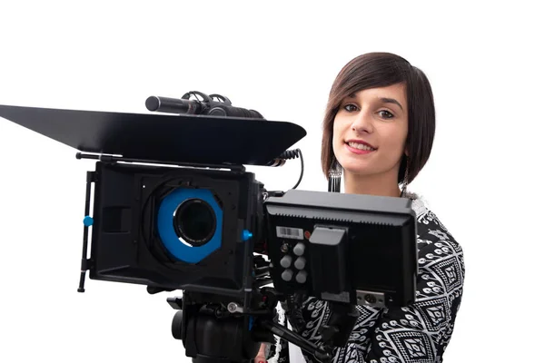 Profesyonel video kamera ile genç kadın, Slr, beyaz — Stok fotoğraf