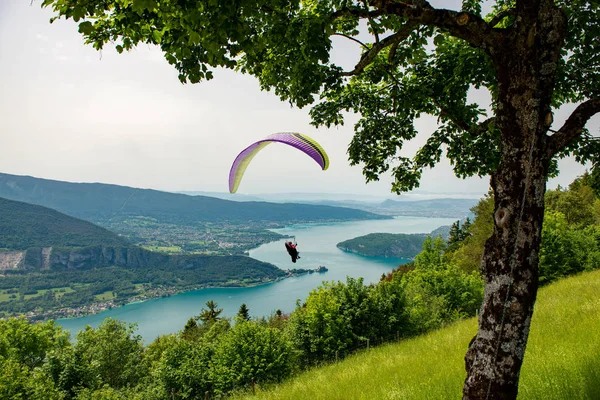 Paragliders met parapente jumping van Col de Forclaz bij Annecy — Stockfoto