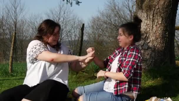 Pretty Beautiful Charming Adorable Girl Her Older Sister Outdoors — Stock Video