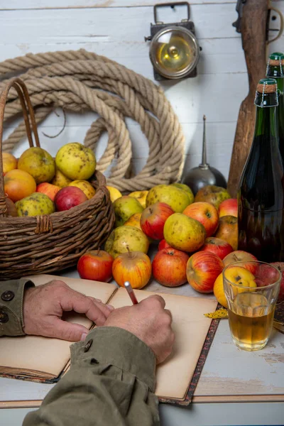 Manzanas orgánicas con hombre beber vaso de deliciosa sidra francesa — Foto de Stock