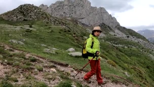 Vandrare Kvinna Med Utsikt Över Tena Valley Pyrenéerna Formigal Huesca — Stockvideo