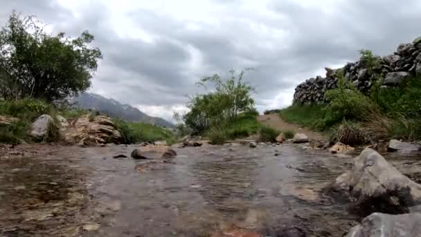 Mujer Excursionista Cruzando Pequeño Arroyo Montaña — Vídeos de Stock