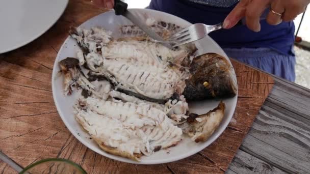 Frauenhände Schneiden Schmackhaften Fisch Auf Teller — Stockvideo