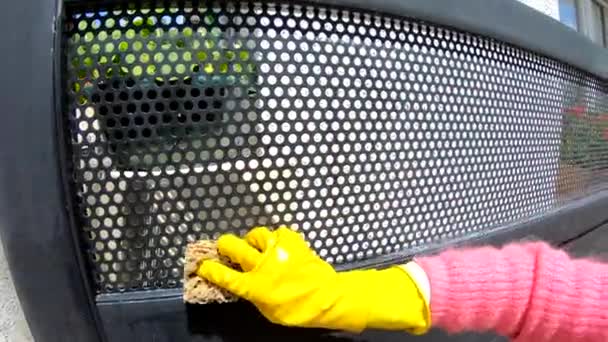 Close Female Hand Yellow Protective Gloves Cleaning — Stock Video