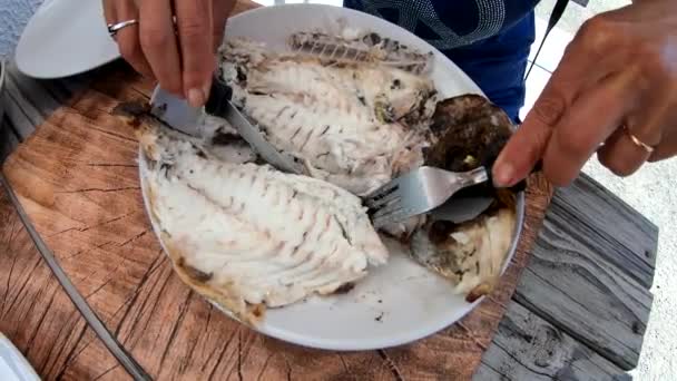 Mains Féminines Coupe Savoureux Poisson Sur Assiette — Video