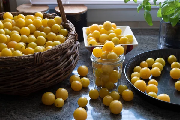 Ameixas amarelas orgânicas em uma cesta — Fotografia de Stock