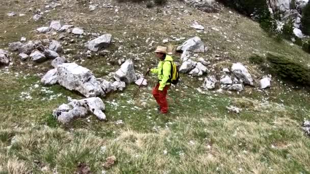Пешеходная Женщина Гуляющая Испанских Горах Пиренеев — стоковое видео