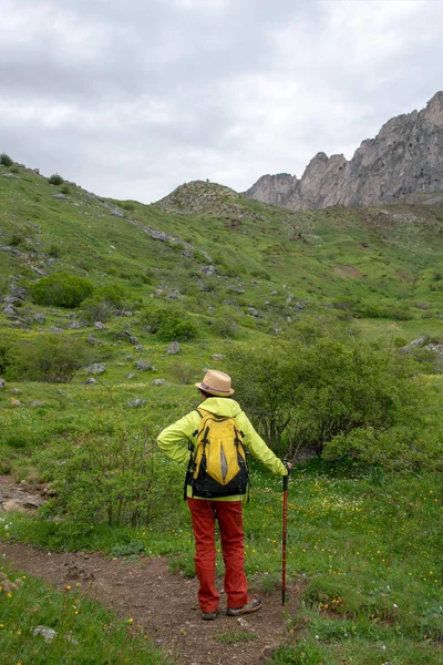 Hiker kvinna med beskåda av Tena-dalen i Pyreneesna, Formigal, — Stockfoto
