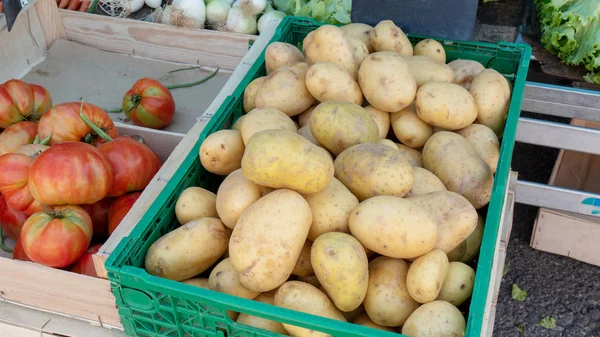 Коробка нового картофеля на рынке — стоковое фото