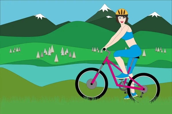 Donna in bicicletta nel paesaggio montano. Illustrazione vettoriale — Vettoriale Stock