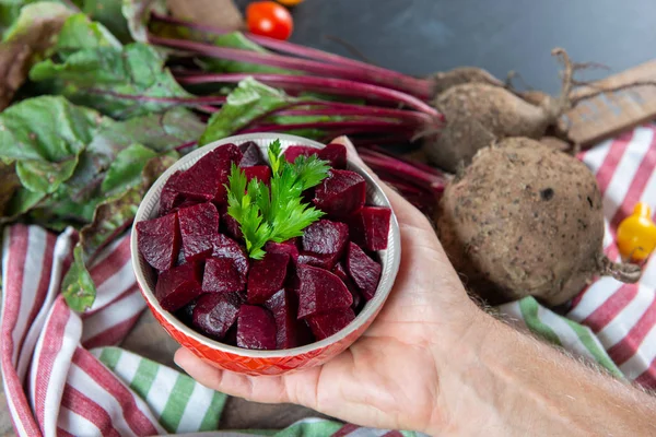 Bowl with beets cut into pieces — Stock Photo, Image