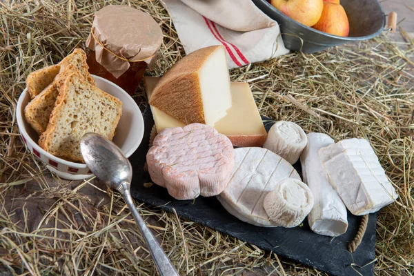 빨대에 다른 맛있는 프랑스 치즈 — 스톡 사진