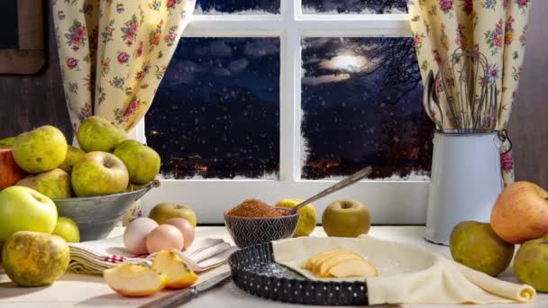 Ingredientes Para Pastel Manzana Manzanas Huevos Masa Nieve Cayendo Aire — Vídeo de stock