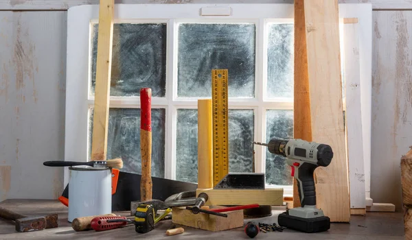 Some tools of carpenter in the workshop — Stock Photo, Image