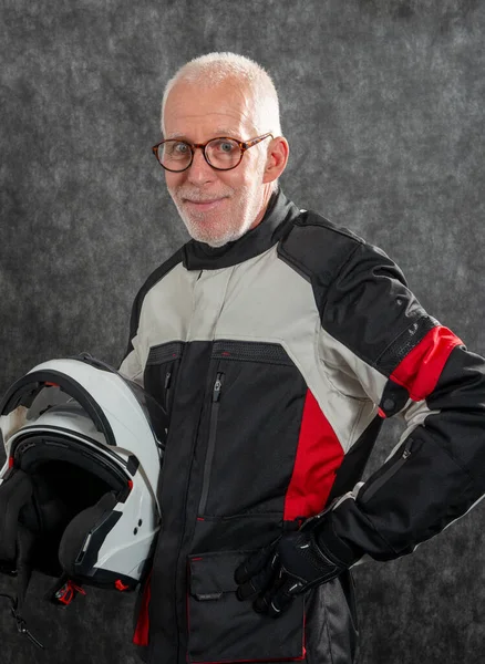 Ritratto Motociclista Anziano Con Casco — Foto Stock