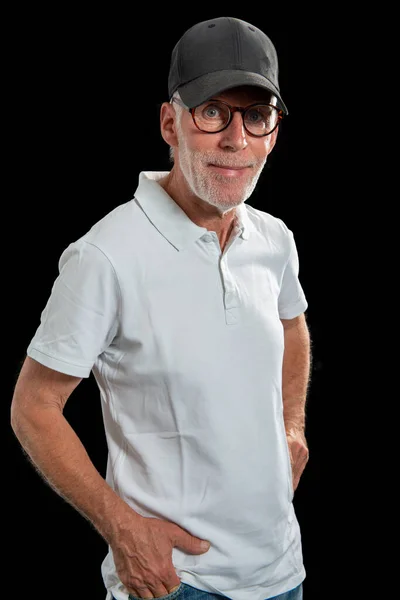 Sixty Year Old Man Wearing Baseball Cap Black Background — Stock Photo, Image