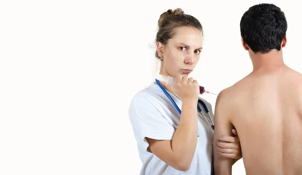 Young Nurse Doctor Giving Injection Patient Closeup — Stock Photo, Image