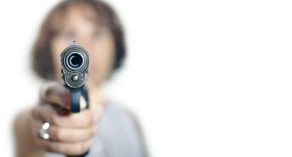 Una Mujer Con Arma Fondo Blanco — Foto de Stock